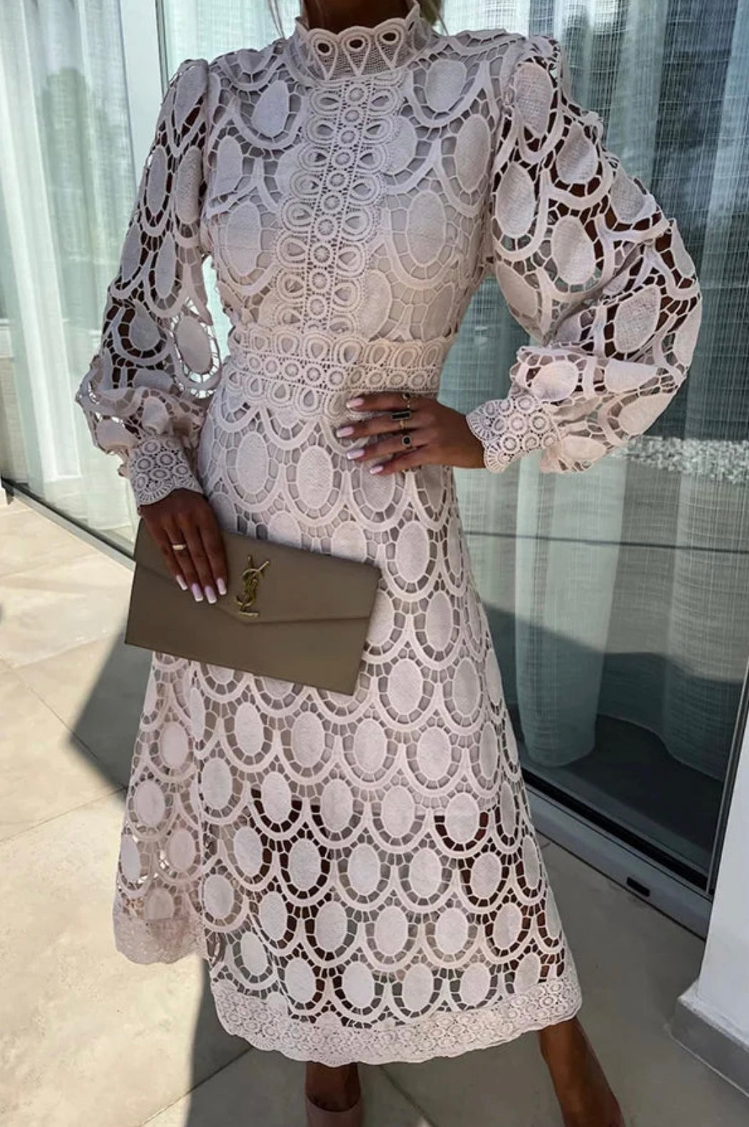 Sophisticated A-line midi dress for women, with elegant high neck & long sleeves. Ideal for wedding guests.