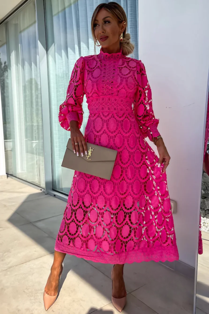 Women's elegant high neck long sleeve A-line midi dress. Ideal formal party, cocktail, or wedding guest attire.