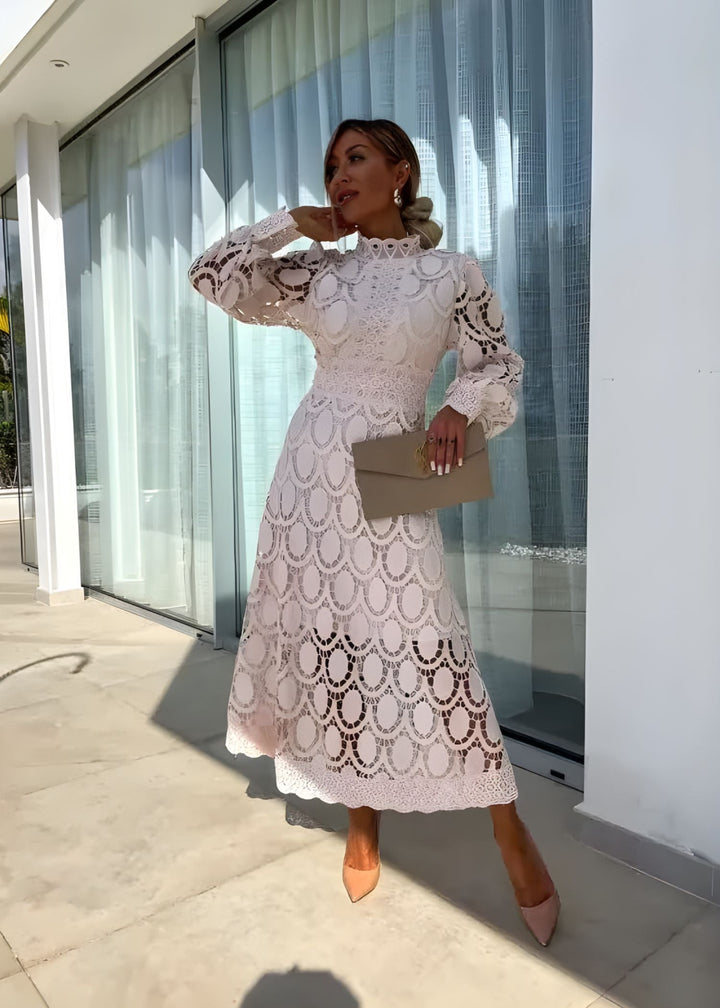 Elegant women's high-neck maxi dress with stylish puff long sleeves, perfect for formal occasions.
