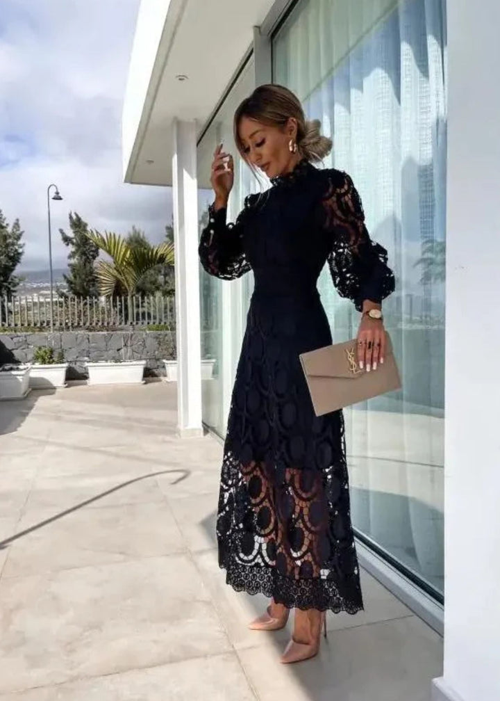 Formal women's evening gown: high-neck maxi dress with chic puff sleeves for parties & special events.