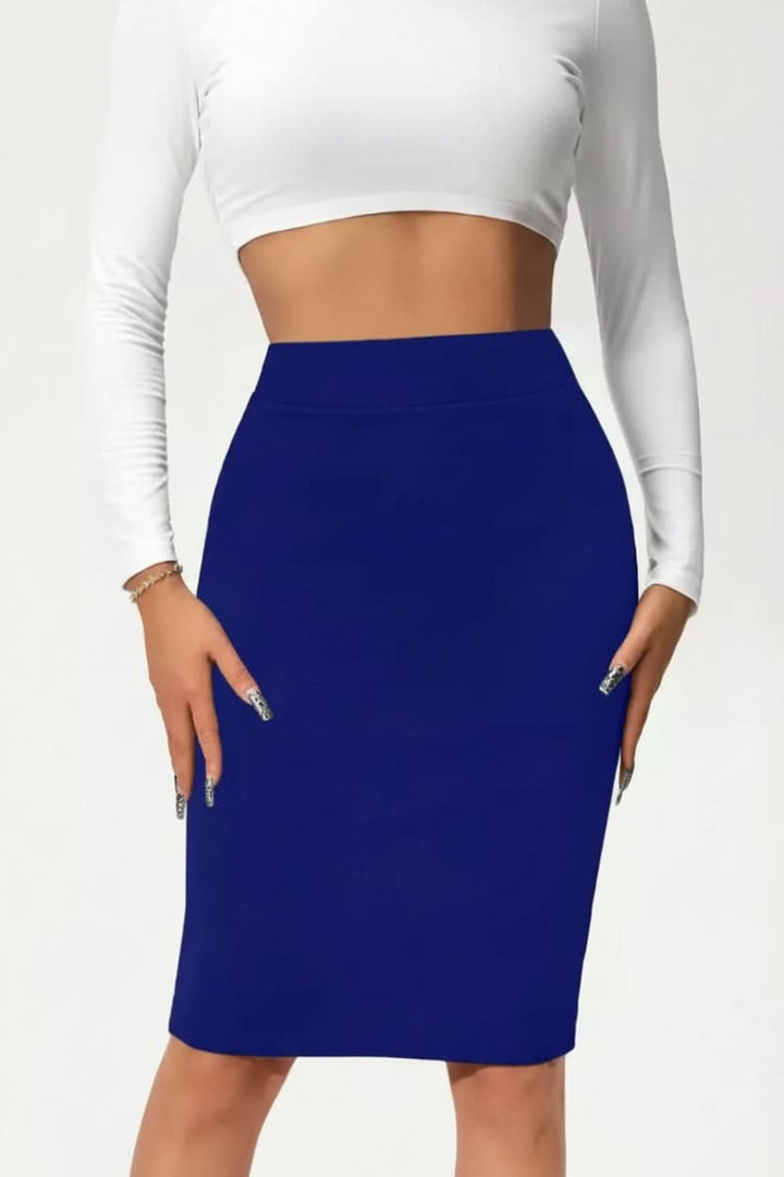 Women's elegant high-rise pencil skirt, a professional midi-length tailored skirt for business attire.