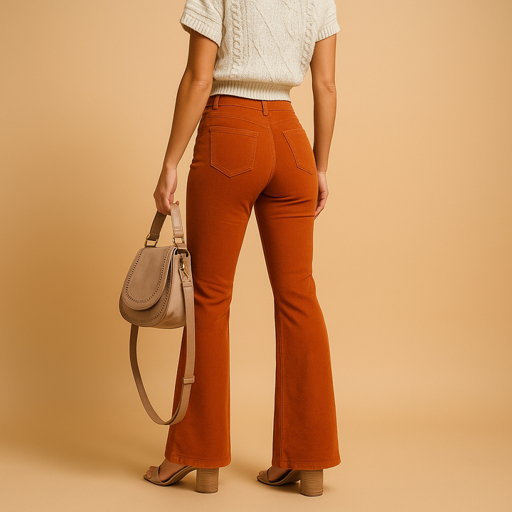 Comfortable women's high waist flared trousers in a chic design. Versatile for casual or elegant wear.