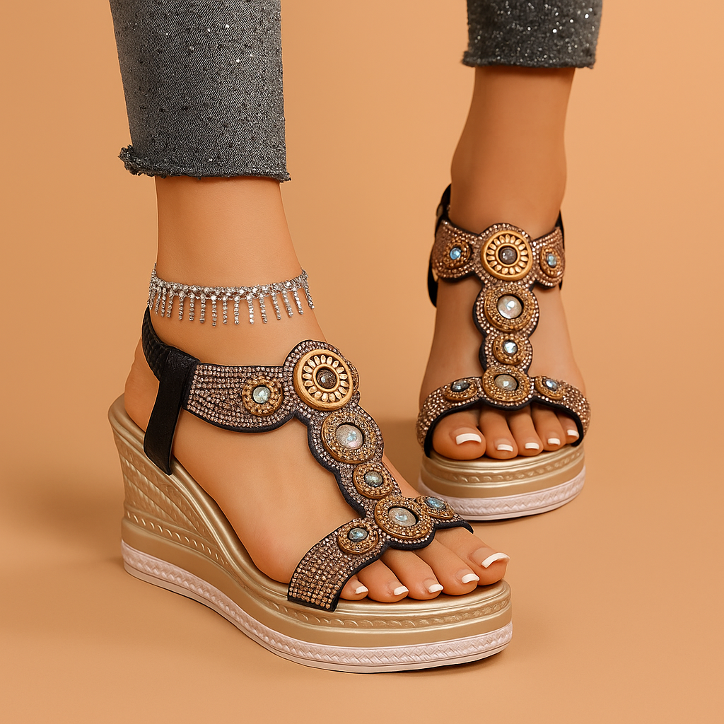 Elegant women's jeweled wedge sandals with cushioned platform and secure ankle strap for comfortable summer walking.