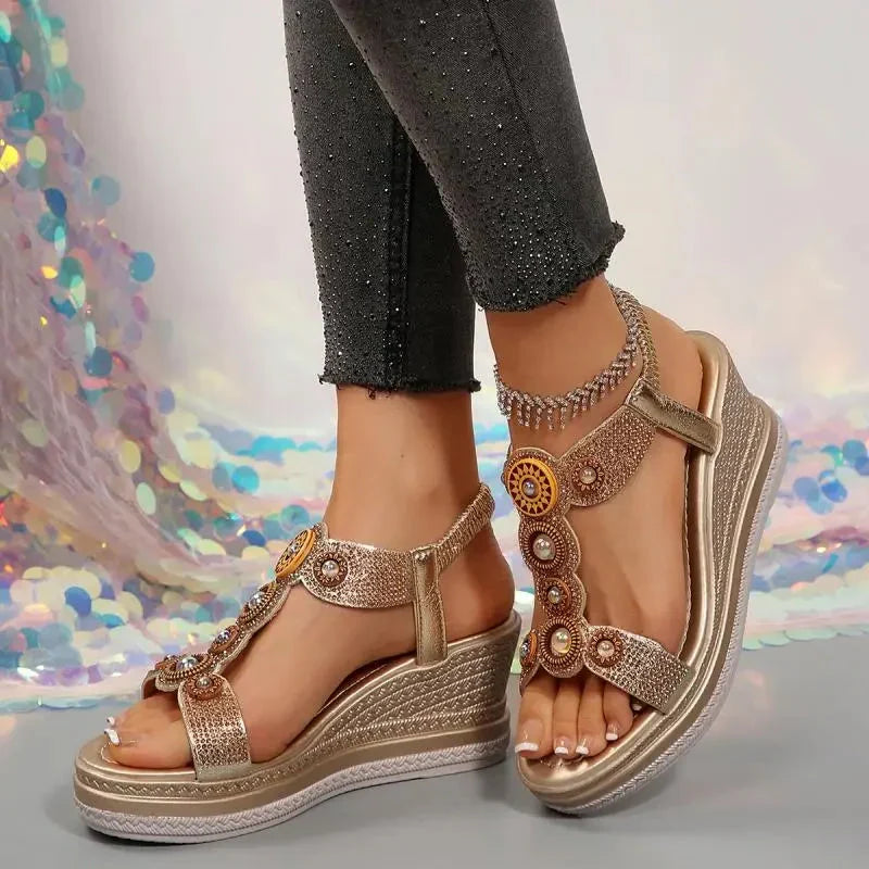 Fashionable women's wedge sandals with jeweled accents, cushioned platform, and supportive ankle strap for elegance.