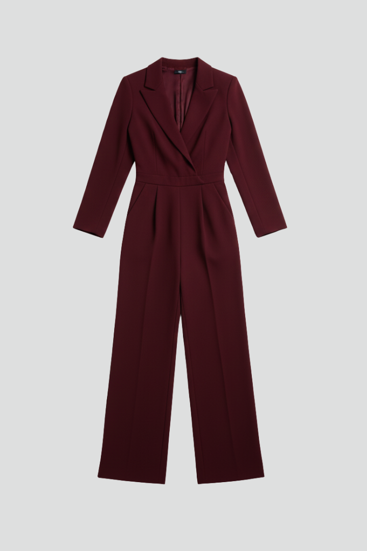 Elegant women's jumpsuit with wrap front V-neck, defined waist, and wide-leg design for chic style.