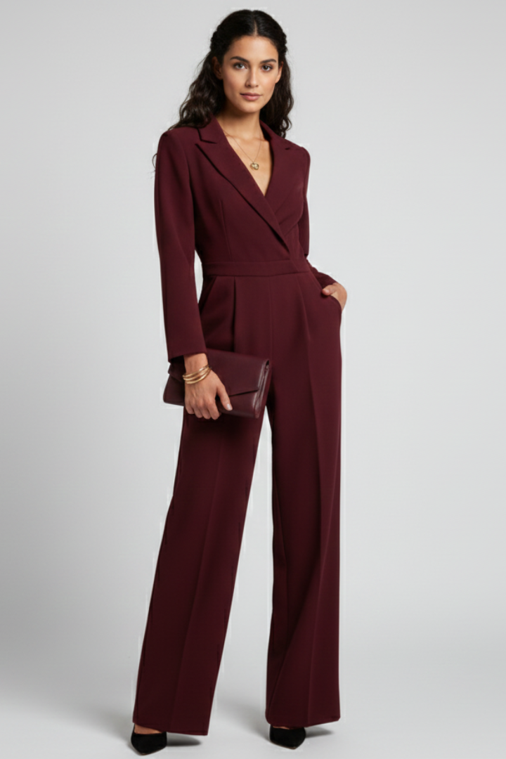 Chic long-sleeve jumpsuit for women, featuring a flattering wrap front, V-neck, and defined waist.