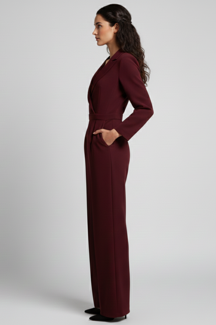 Formal women's wide-leg jumpsuit with a stylish wrap front, V-neckline, and comfortable fit.