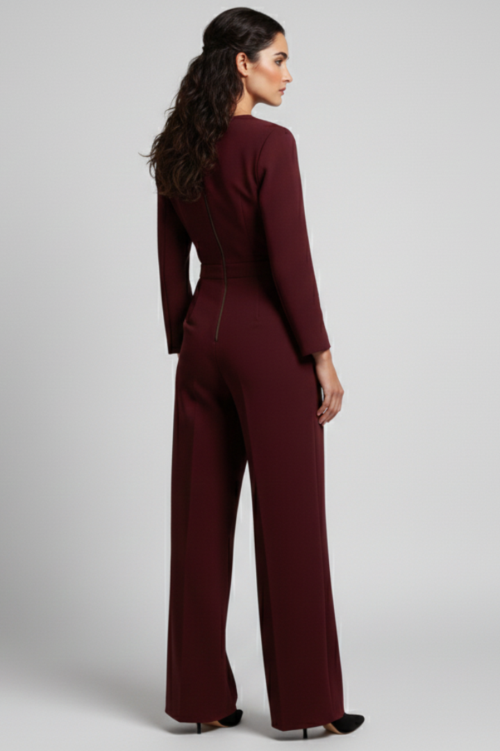 Fashionable women's jumpsuit: long sleeve, wide leg, V-neck, and elegant wrap front for versatile wear.