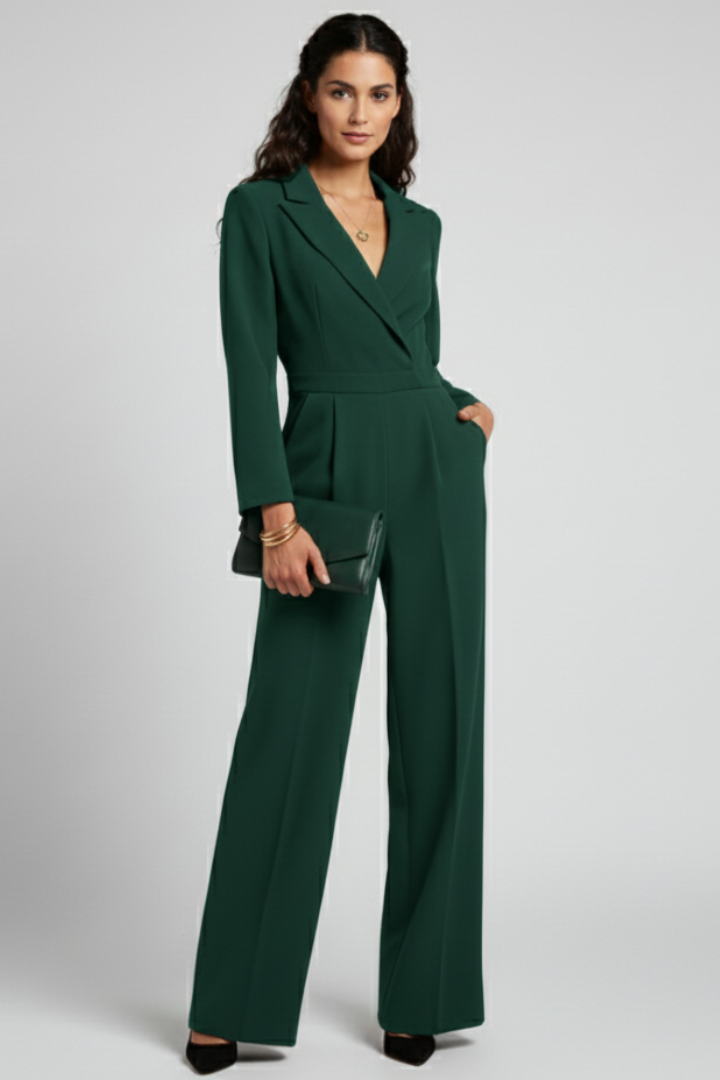 Sophisticated women's jumpsuit with a flattering wrap front V-neck, defined waist, and flowy wide legs.