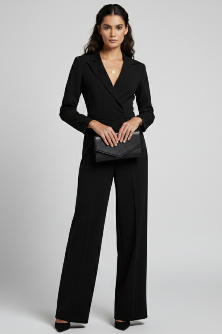 Versatile women's elegant jumpsuit with a wrap front, V-neck, defined waist, and comfortable wide-leg design.