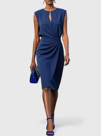 Elegant women's keyhole midi dress with ruched waist, perfect for cocktail parties & wedding guests.