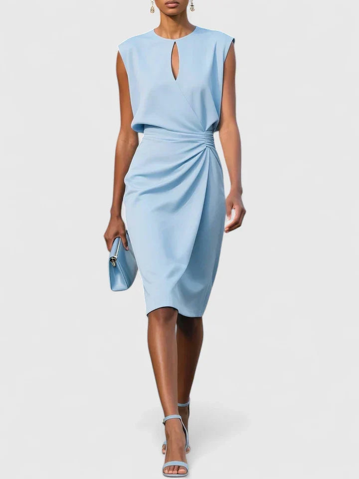 Women's elegant midi cocktail dress with a graceful draped skirt and figure-flattering ruched waist.