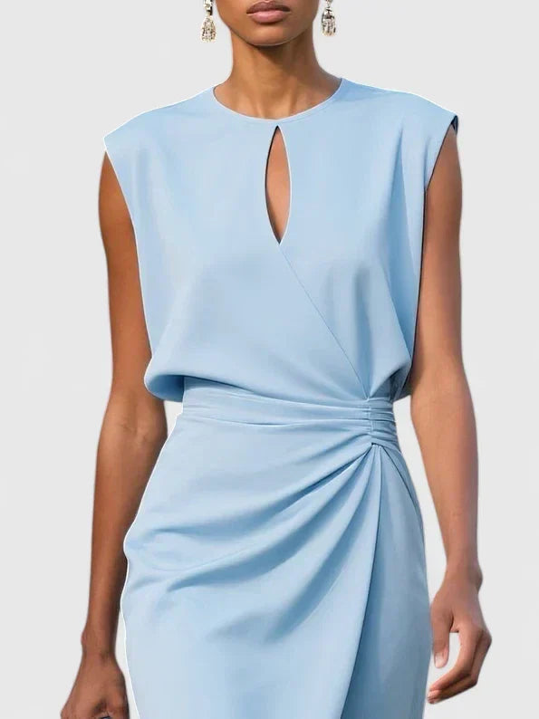 Chic sleeveless midi dress with a unique keyhole neckline and flattering ruched waist for evenings.