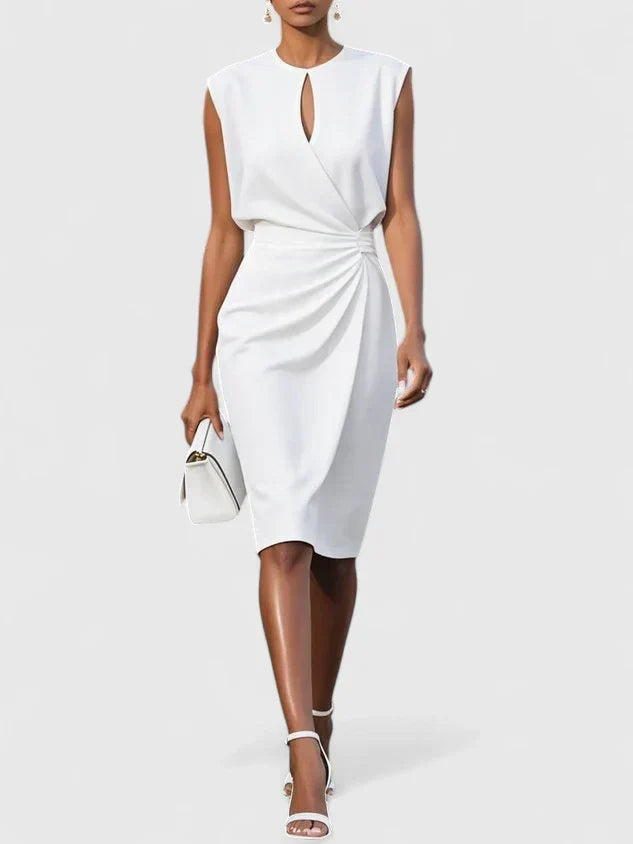 Versatile elegant keyhole midi dress with ruched waist, ideal for special occasion & evening wear.