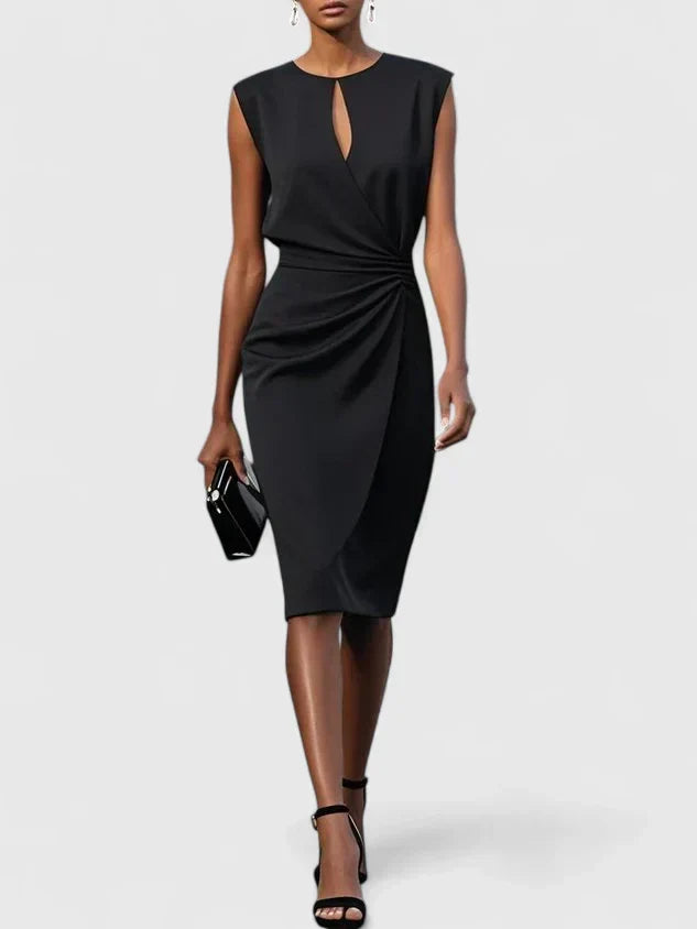 Women's elegant keyhole midi cocktail dress with a ruched waist and draped skirt detail.