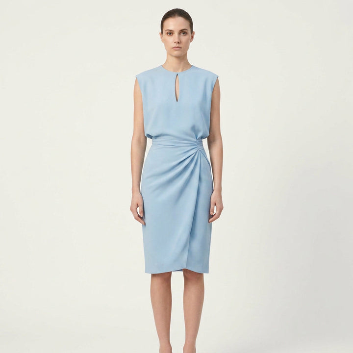 Elegant women's keyhole neck ruched waist midi cocktail dress, perfect for evening events & parties.