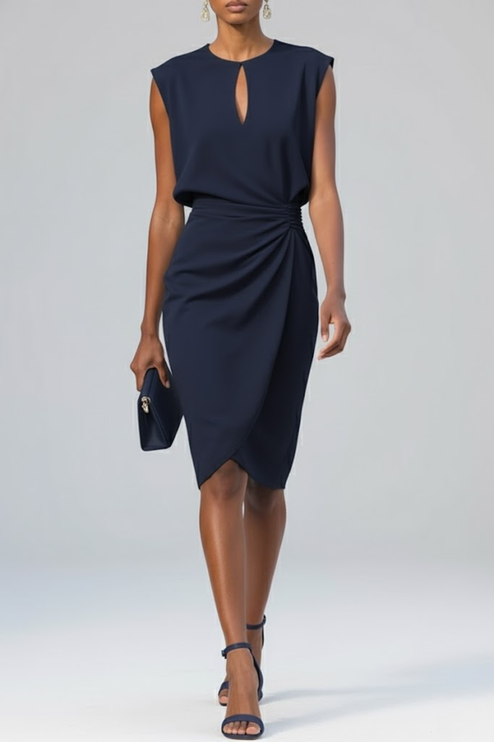 Slim fit women's elegant midi dress featuring a keyhole neckline and flattering ruched waist design.