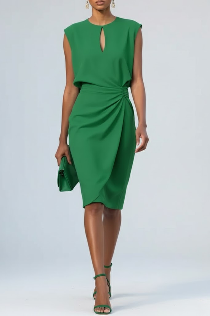 Flattering women's formal midi cocktail dress featuring a unique keyhole neckline and attractive ruched waist.