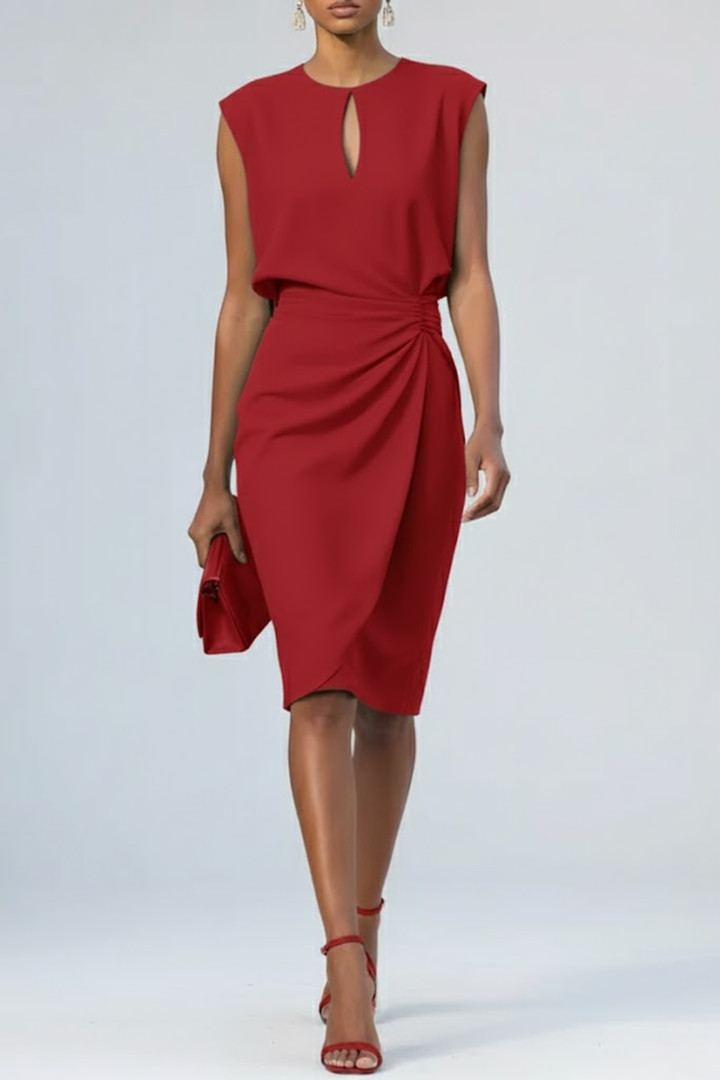 Women's elegant party midi dress with keyhole neck & ruched waist. Ideal for formal events & evening wear.