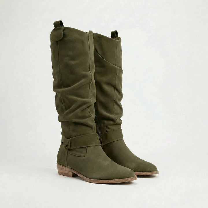 Comfortable elegant women's knee-high boots. Featuring a sturdy block heel & side zipper, perfect for autumn fashion.