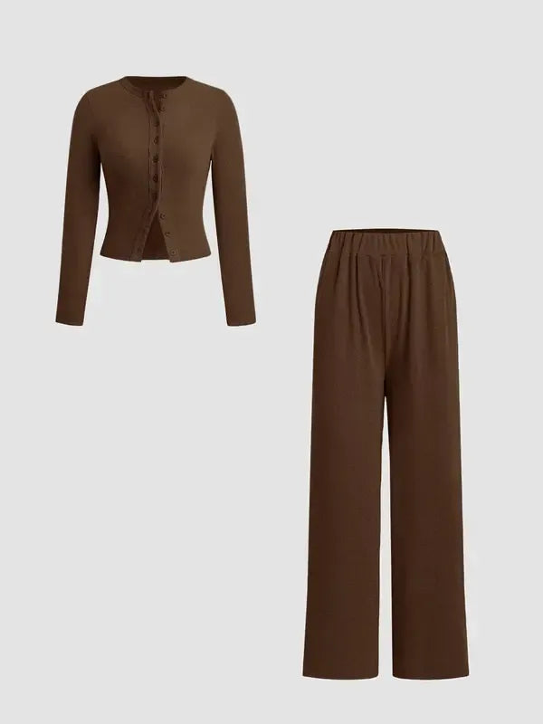 Women's lounge set featuring a comfortable, relaxed fit and elegant knit design