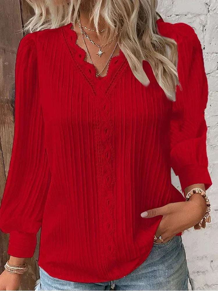 Chic women's lace puff sleeve blouse, an elegant and versatile top for spring and summer fashion.