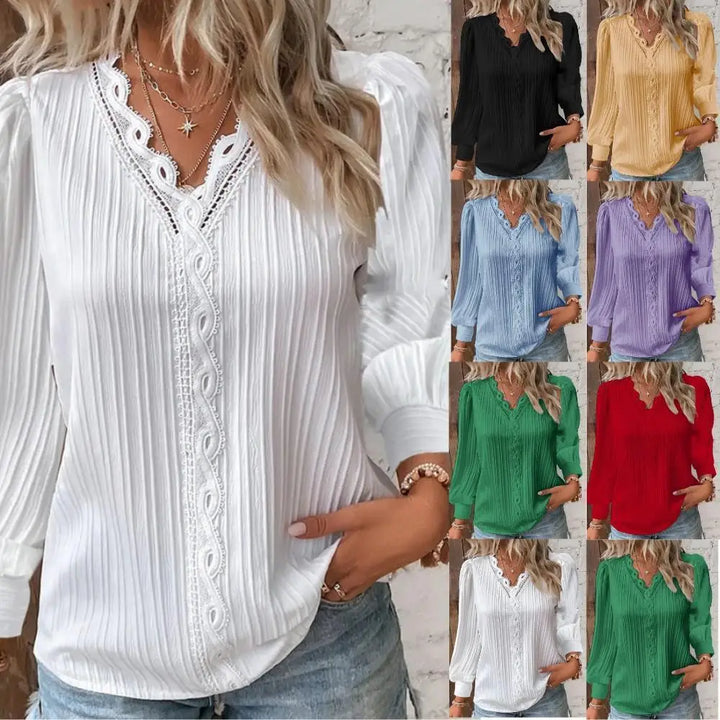 Light & elegant women's lace blouse with chic puff sleeves, perfect for spring/summer fashion.