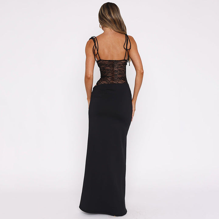Formal women's maxi gown with delicate lace accents, ideal for elegant evening & party wear.
