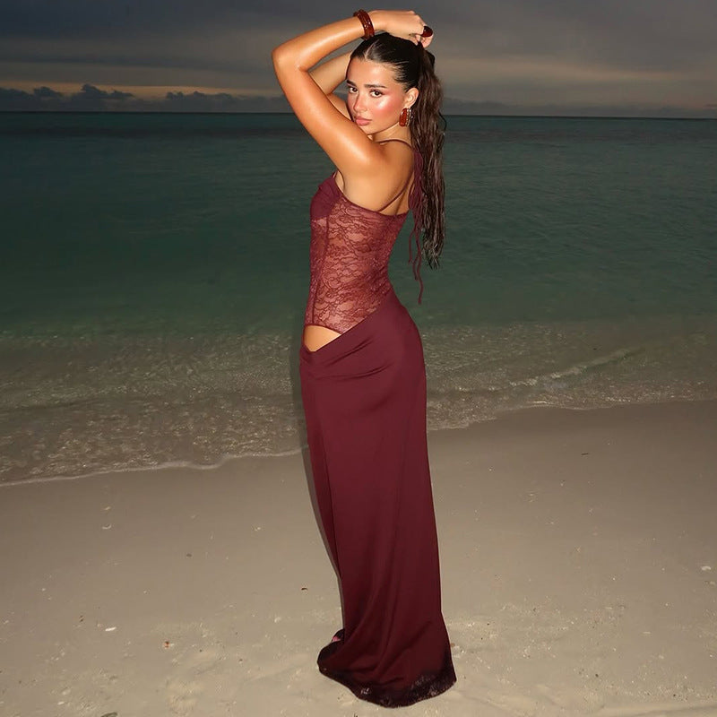 Women's elegant maxi gown for special occasions, with exquisite lace detail & slim silhouette.