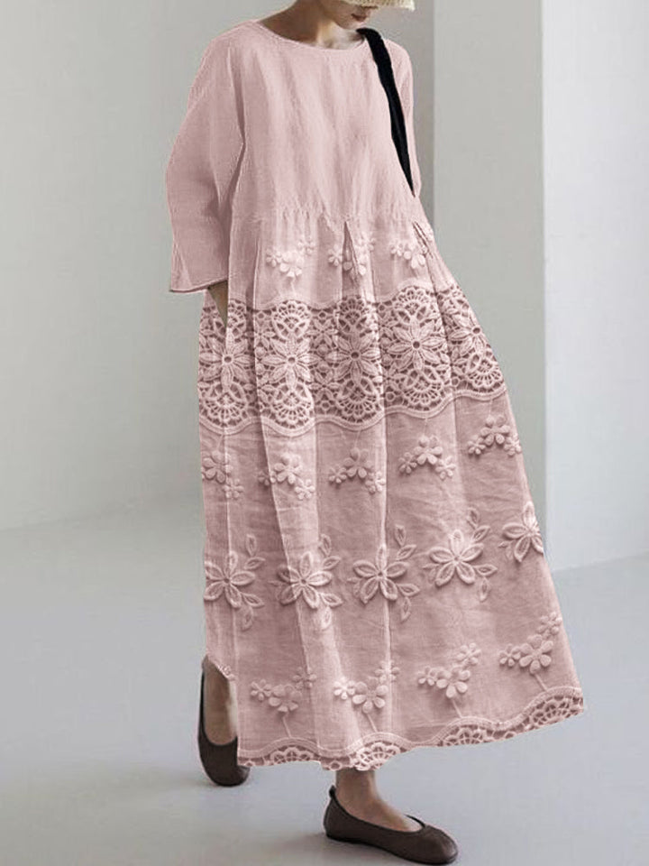 Elegant women's lace midi dress in a flowy summer style, perfect for romantic occasions. Available in pink, white, blue.