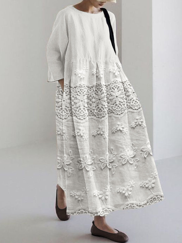 Beautiful women's pink lace midi dress, featuring delicate details and an elegant flowy design for parties.