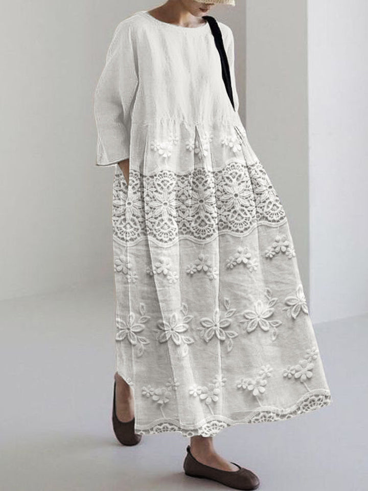 Beautiful women's pink lace midi dress, featuring delicate details and an elegant flowy design for parties.
