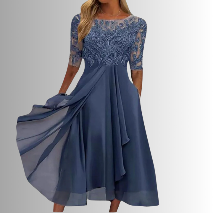 Elegant women's lace midi dress with delicate half sleeves & flowing A-line skirt, perfect for special occasions.