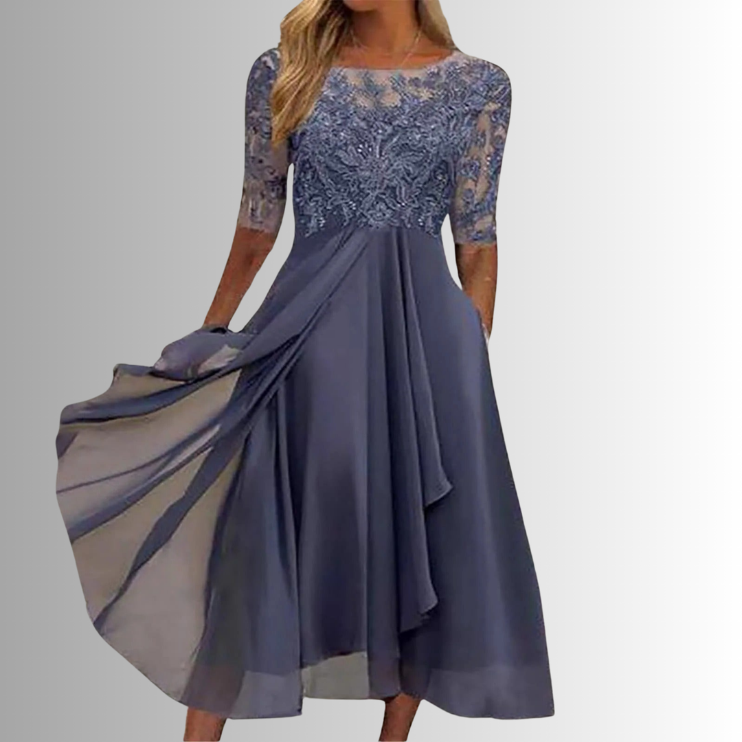 Beautiful women's elegant lace midi dress, half-sleeve, flowing A-line skirt. Ideal for parties & special occasions.