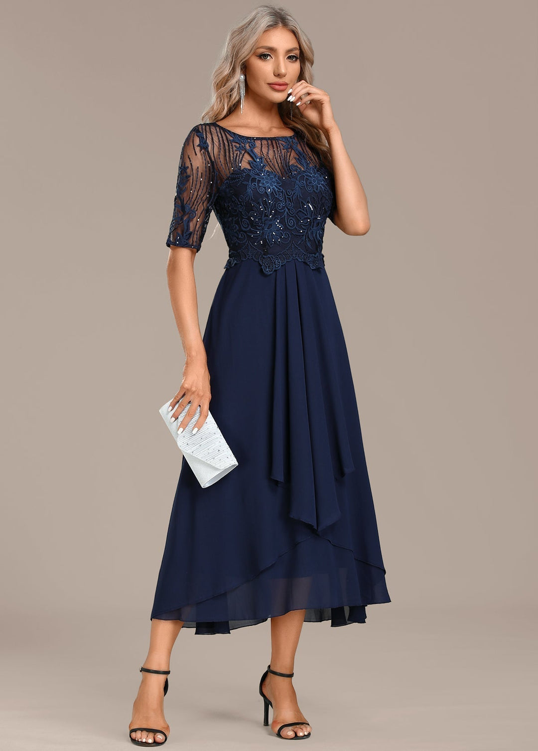 Flattering women's round neck lace midi dress with elegant short sleeves, perfect for parties & occasion wear.