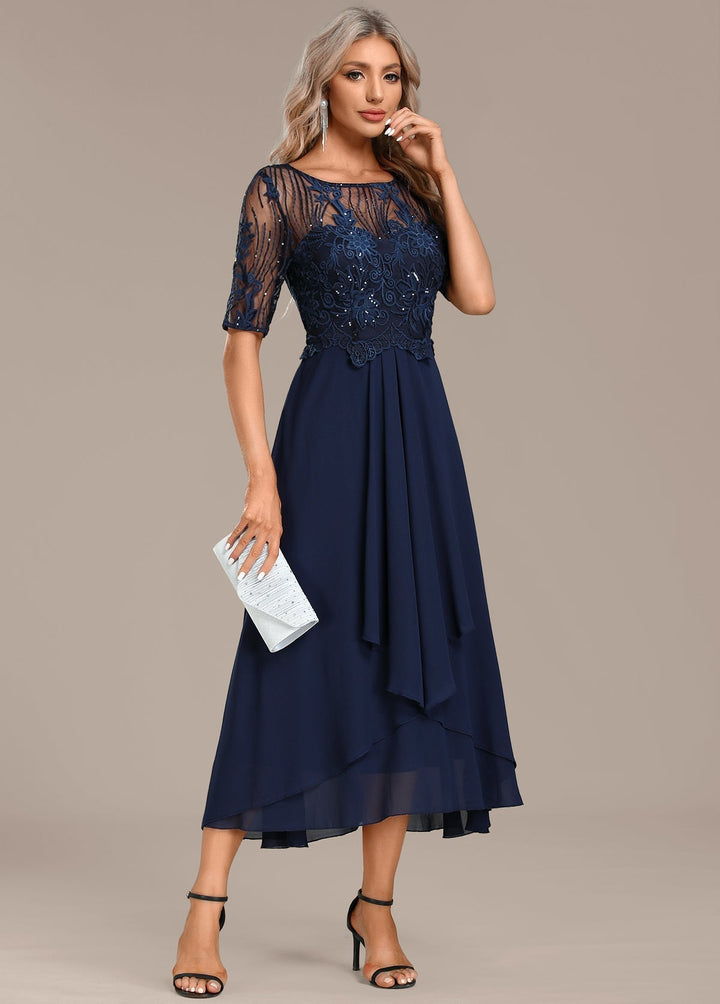 Flattering women's round neck lace midi dress with elegant short sleeves, perfect for parties & occasion wear.