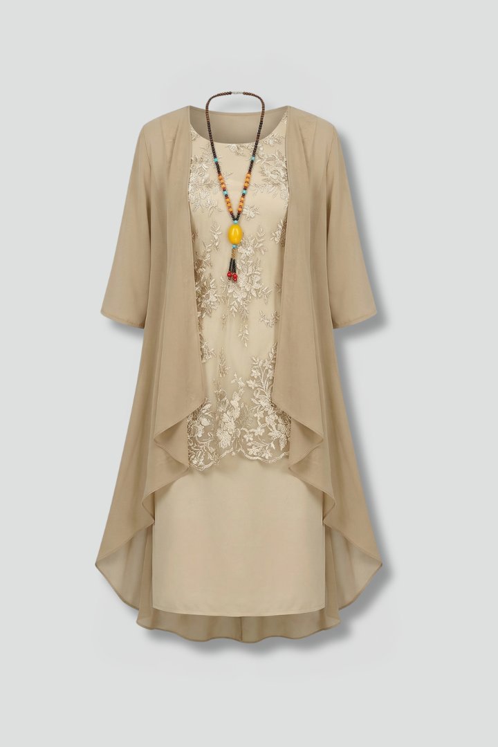Elegant women's layered sheer overlay dress with round neck, short sleeves & flared knee-length hem, perfect for parties.
