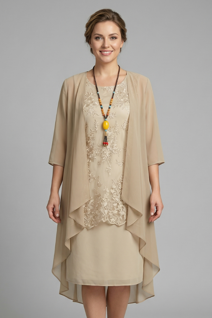 Stylish women's layered sheer overlay dress, round neck, short sleeves, knee-length, ideal for summer casual chic.