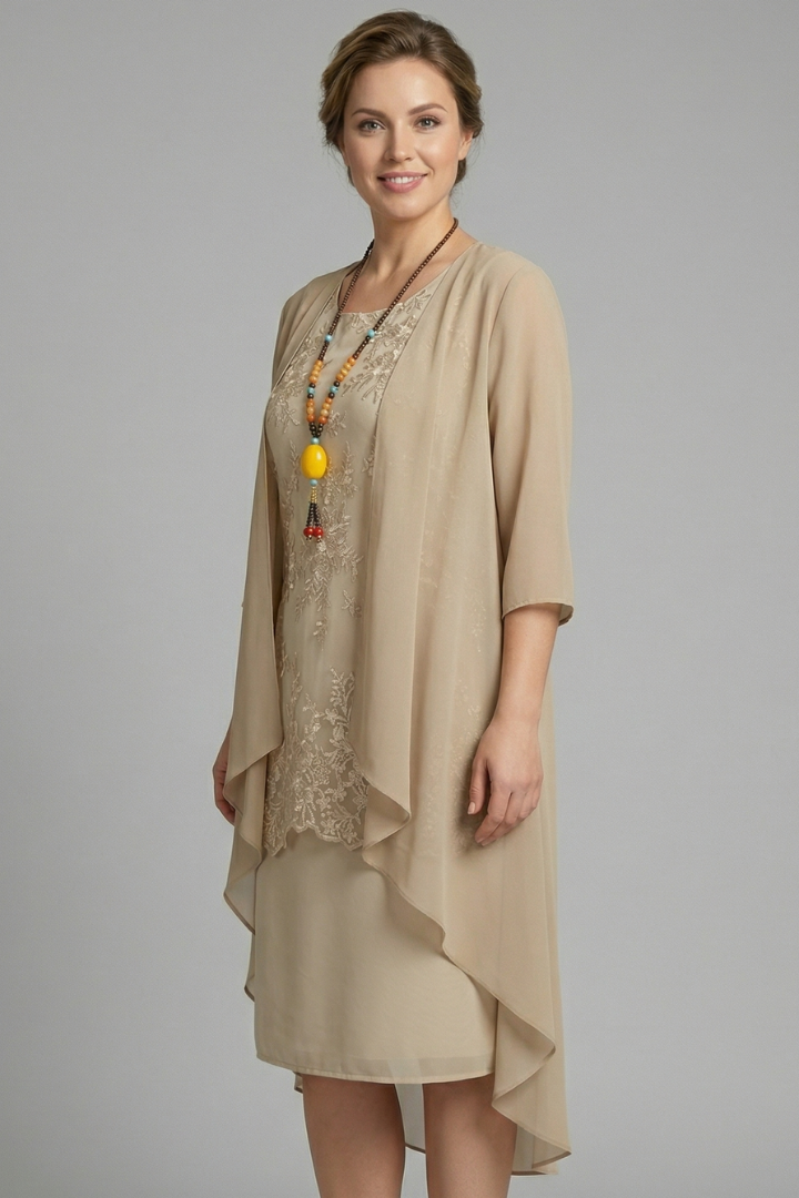 Versatile women's short sleeve knee-length layered sheer dress with round neck & flared hem, suitable for various occasions.