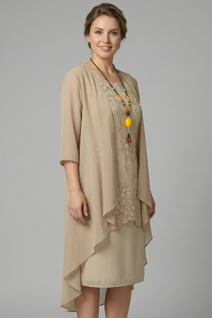 Chic women's party dress: elegant layered sheer overlay, round neck, short sleeves, flared knee-length hem for special events.