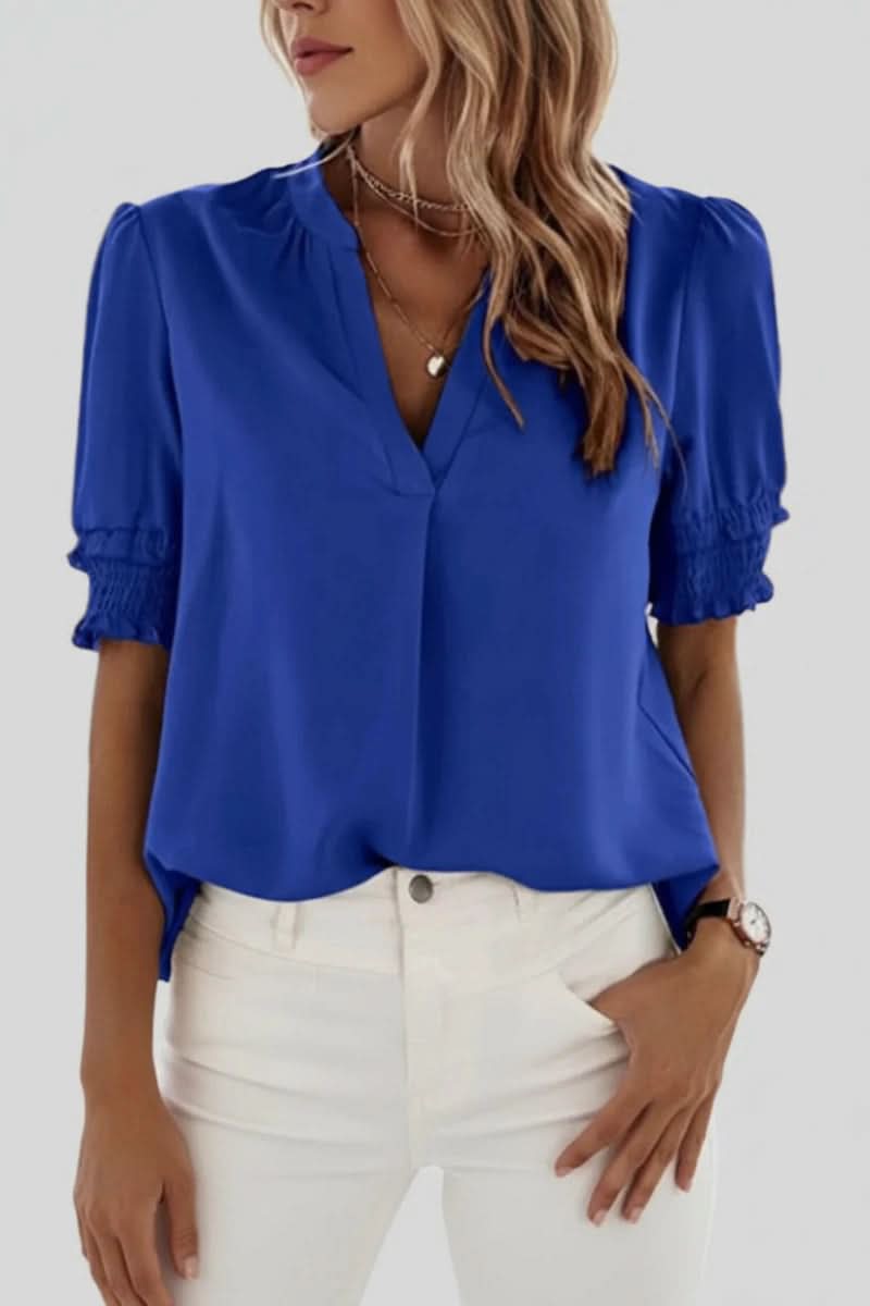 Versatile women's V-neck puff sleeve blouse, an effortless lightweight top for both work and chic casual outfits.