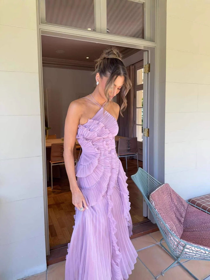 Sleeveless lilac ruffled party dress for women, elegant Serephina style, perfect for summer.