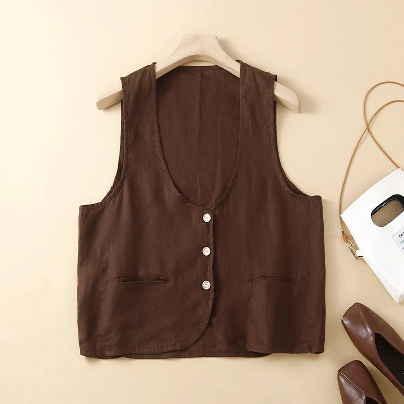 Neutral colored sleeveless linen blend vest top for women, featuring a stylish v-neck design.
