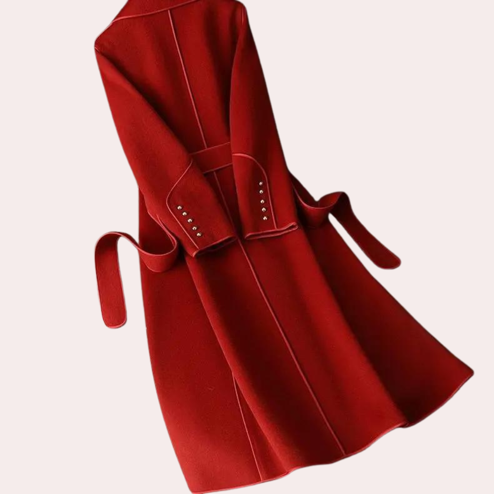 Versatile women's long coat, double-button, belted. Tailored fit for chic formal or casual fall/winter wear.