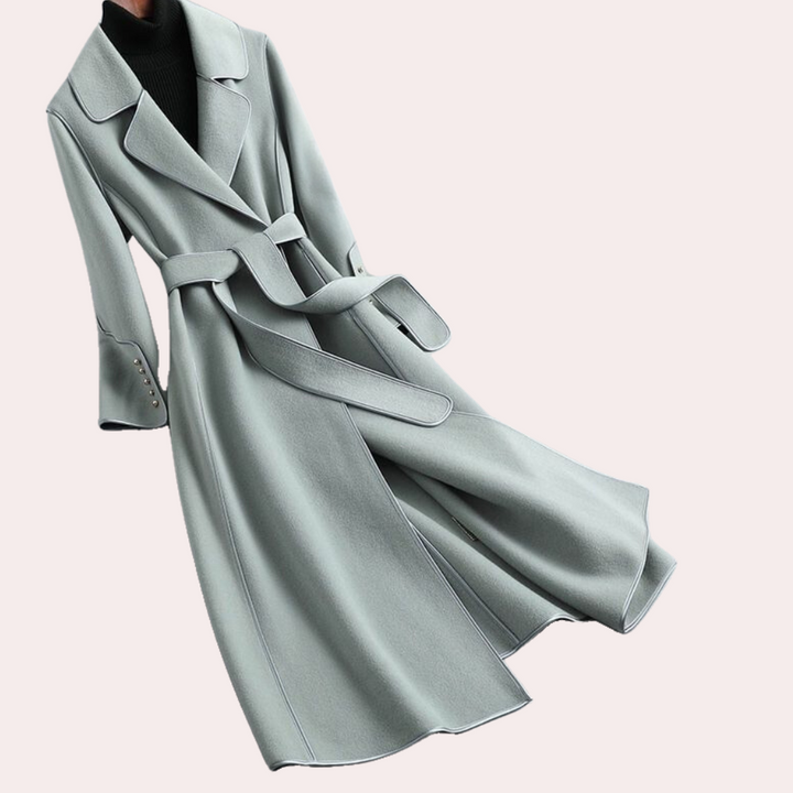 Stylish women's long coat with double buttons & belted waist. Perfect chic outerwear for fall and winter seasons.