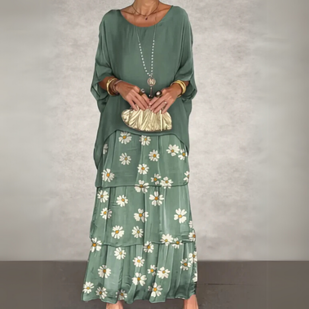 Model wearing a chic women's flowing maxi dress, showcasing its elegant silhouette and comfortable fit.