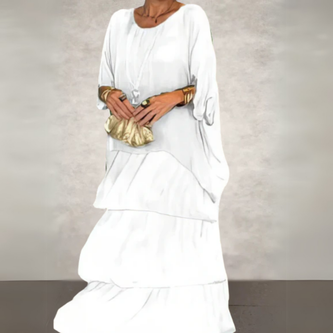 Full-length image of an elegant ladies' long maxi dress, suitable for various summer events & comfort.