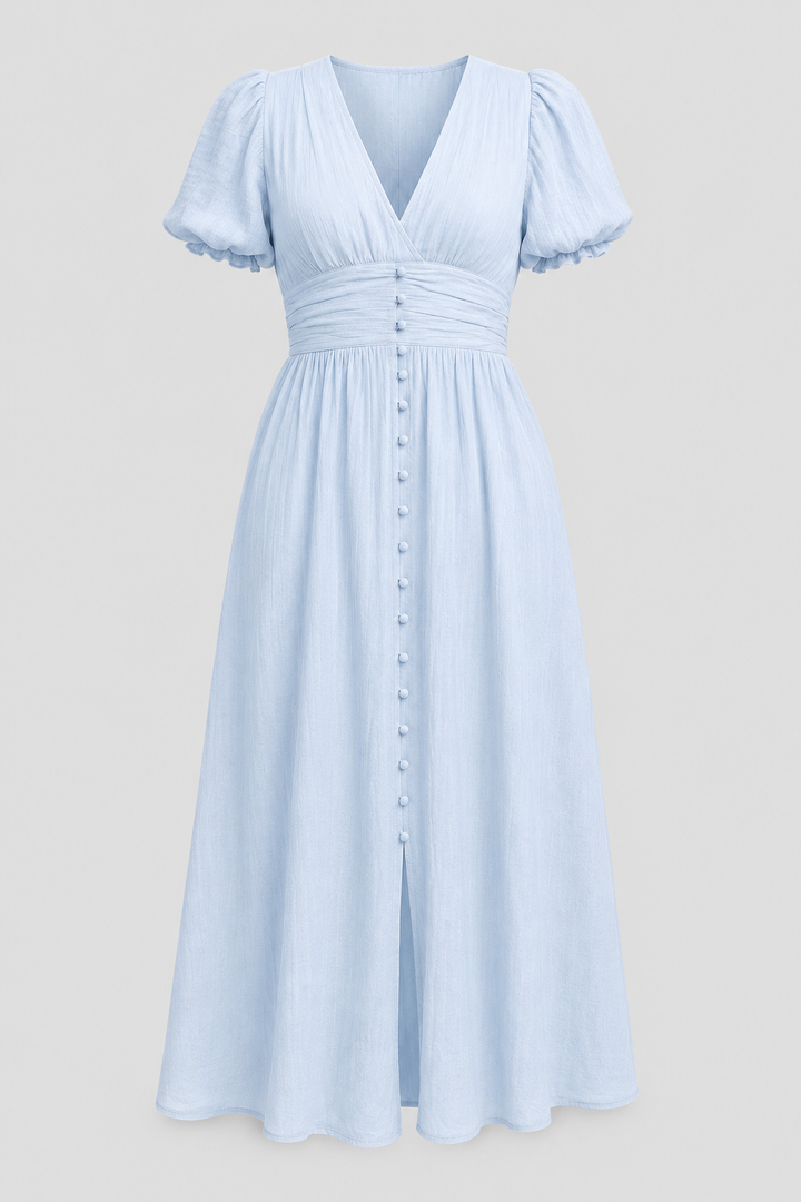 Vintage-inspired women's long maxi dress with feminine puff sleeves. A beautiful, elegant flowy style.