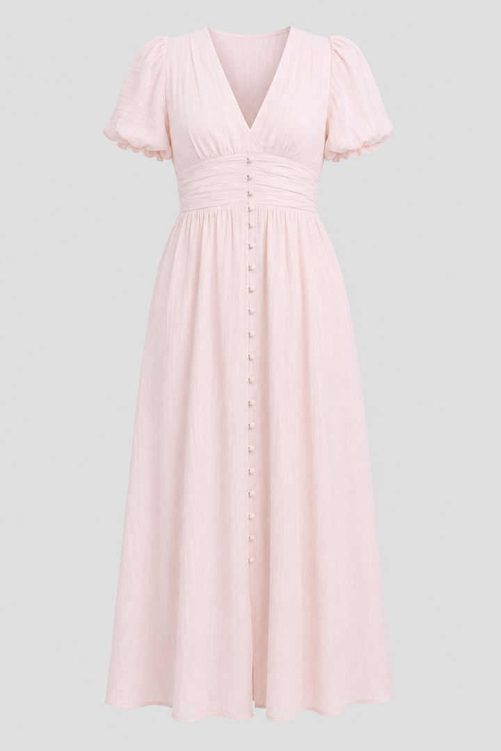 Stylish women's elegant long maxi dress with distinct puff sleeves. Perfect for a sophisticated party look.