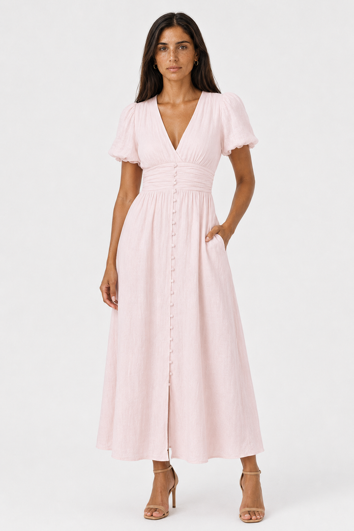 Women's elegant long maxi dress with romantic puff sleeves. Ideal for parties, occasions, or summer events.